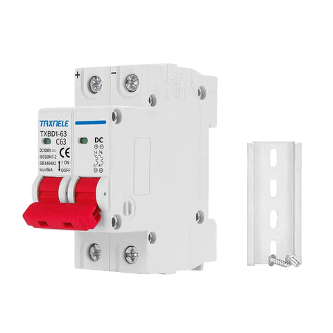 Front view of 2P 1000V 63A Solar DC Mini Circuit Breaker With Thermal Magnetic Trip, DIN Rail Mount, next to rail bracket.