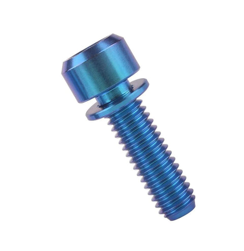 Close-up of a blue Titanium Bike Bolt M6x18mm with a 10mm head and 1mm washer, showing the Allen hex style design.