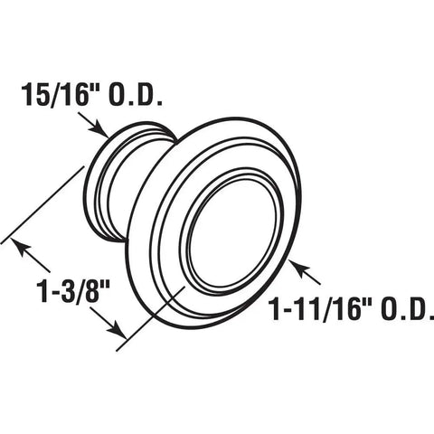 Bi-Fold Door Knobs, Diecast Satin Nickel Plated, Large Diameter 1-11/16 Inch, diagram showing dimensions 1-3/8 inch reach, 15/16 inch base.