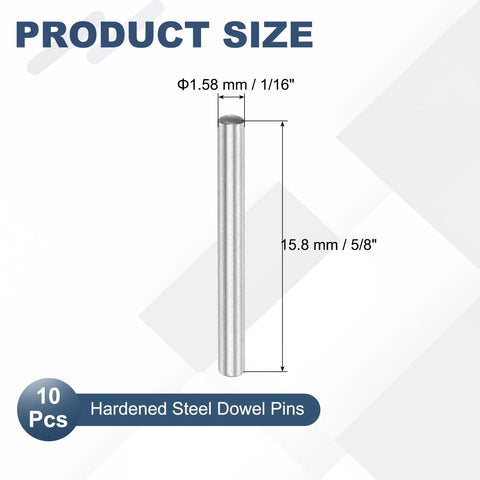 Diagram showing measurements of Ten Pack Carbon Steel Dowel Pins One Sixteenth By Five Eighths Inch Super Sturdy Oil Coated Round Pins.