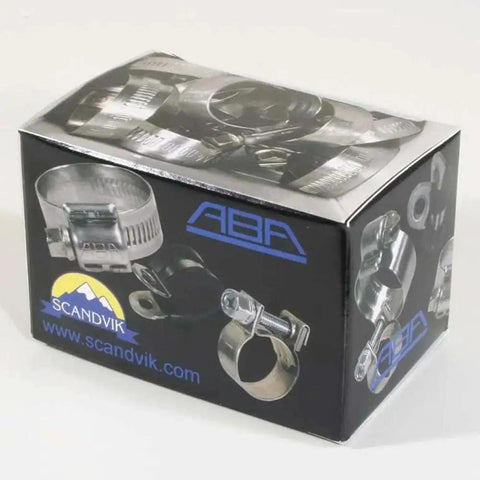 Box packaging of Heavy Duty Marine Grade Stainless Steel Hose Clamp Set For SAE Size 6 13-20 Mm 1/2 To 13/16 Inch Band Width 9 Mm.