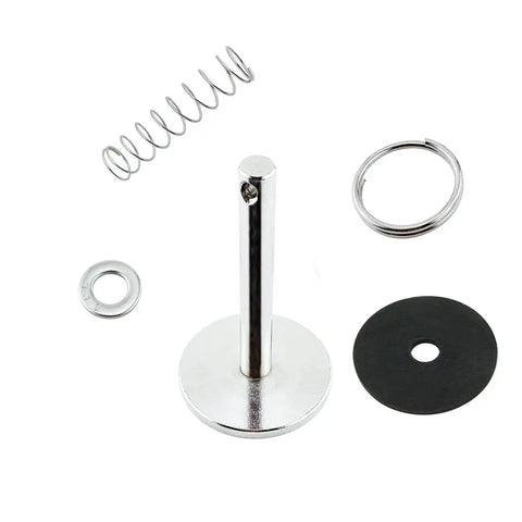 Hatch pull handle kit in marine-grade stainless steel with base, spring, washer, gasket; 1/4 in dia, 2 in long.