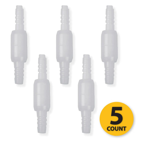 Oxyllow Premium Swivel Connector, 5-pack, clear plastic with 360° rotating design for oxygen tubing, barbed ends.