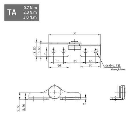 Flozari 304 stainless steel rotary shaft torque damping hinge technical drawing, TA-Right, 3.0 N·m, through-hole mounting.