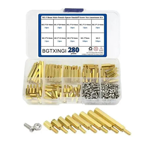 280 Piece M2.5 Brass Straight Knurl Standoff Spacer Set With Stainless Steel Screws And Nuts Assorted Kit in Plastic Organizer Box