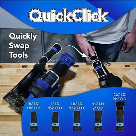 QuickClick adapter for Sixteen Foot Flexible Vacuum Hose For Home And Shop Use with multiple sizes on a workbench.
