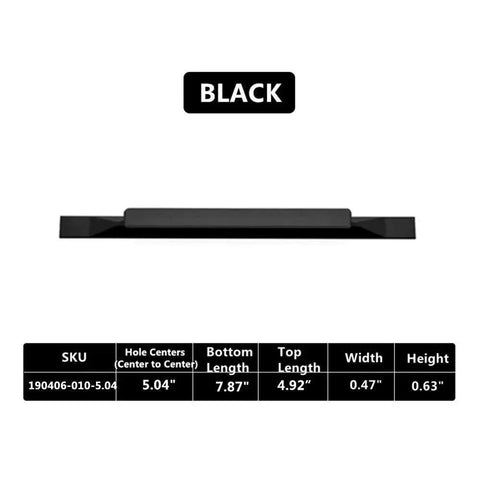 Black Cabinet Pulls 5 Pack Long 7.87 Inch Length With 5.04 Inch Center To Center Hole shown in black with dimensions.