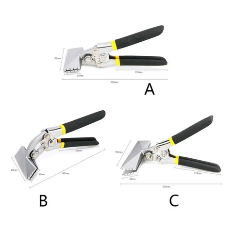 Sheet Metal Bending Pliers Hand Seamer With Wide Jaw 80mm Elbow 80mm And Straight 150mm displayed in three views