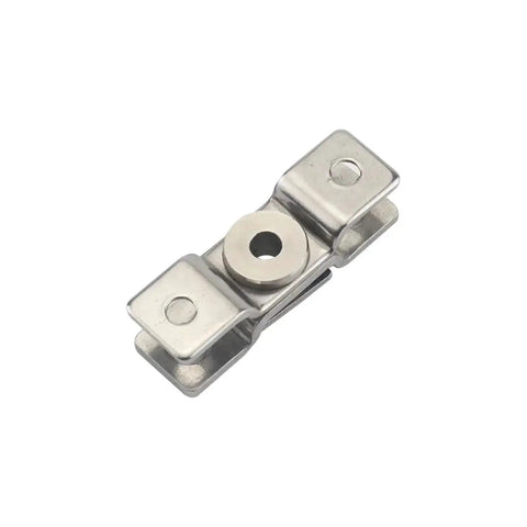 Stainless steel damping torque hinge with mounting plates; close-up view.