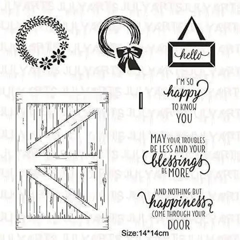 Door Background Clear Stamp and Die Set for Scrapbooking and Card Making image, featuring door and greeting stamps, 14x14cm size.