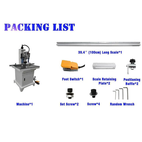 Packing list with 110V Pneumatic Hinge Drilling Machine For Doors And Cabinets, scale, foot switch, screws, wrench
