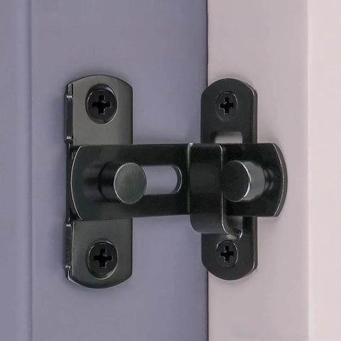 Two Pack Barn Door Lock Set With 180 Degree Flip Latch And Stainless Steel Screws For Bathroom Garden Garage And Outdoor Doors Easy Privacy Enhanced Security Durable Stainless Build, installed view.