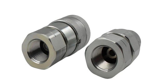Two chrome-plated hydraulic quick-connect couplers, 1/2 in NPT, ISO 16028, front view