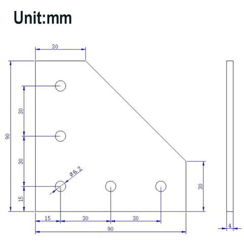 Technical drawing of Beefy 90 Degree L Shape Corner Bracket Plate Set for 3030 Aluminum Extrusion Profiles with 5 Holes
