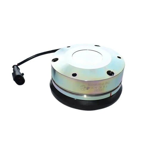 Electromagnetic brake for forklift, round metal housing with black base and wiring connector (front view)