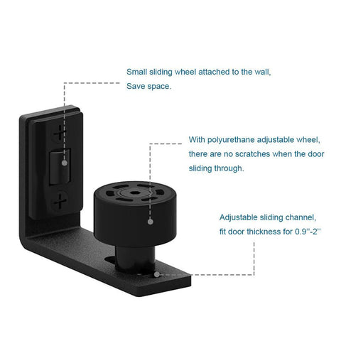 Sliding Barn Door Floor Guide With Adjustable Wall Mount And Bottom Double Nylon Rollers, Black finish, side view