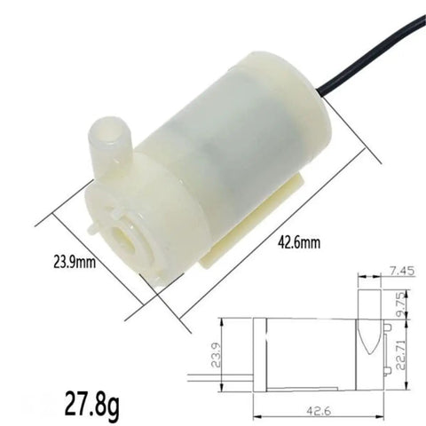Dimensions and design of 5 Piece Ultra Quiet Mini DC Submersible Water Pumps With Brushless Motor, 3 To 6 Volts, 120 Liters Per Hour