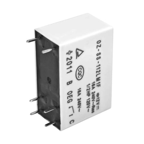 Close-up of Dual Pack 16A 12V SPST NO PCB Relay 6 Pin for DIY projects and auto industrial use, showing side view and pins.