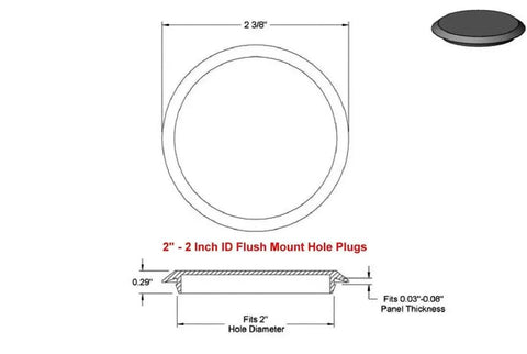 Diagram of 2 Inch Flush Mount Black Polyethylene Hole Plug For Sheet Metal For 2 Inch ID Holes with size specifications