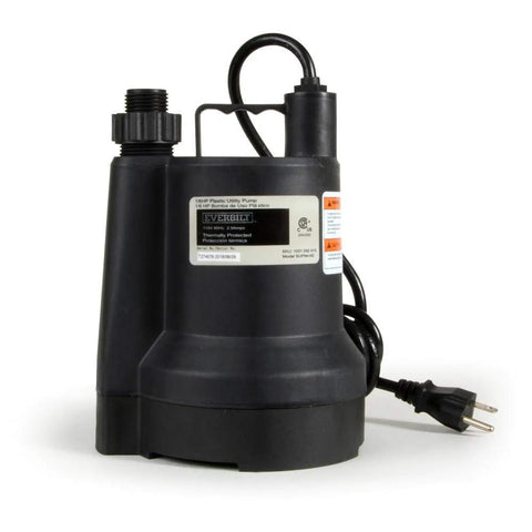 Everbilt SUP54-HD 1/6 HP plastic utility pump, black corded water transfer pump, side view