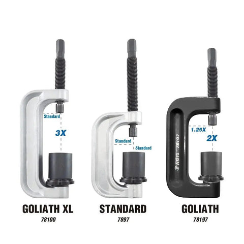 Comparison of Goliath Large Ball Joint Service Tool And Master Adapter Set sizes next to standard and XL models