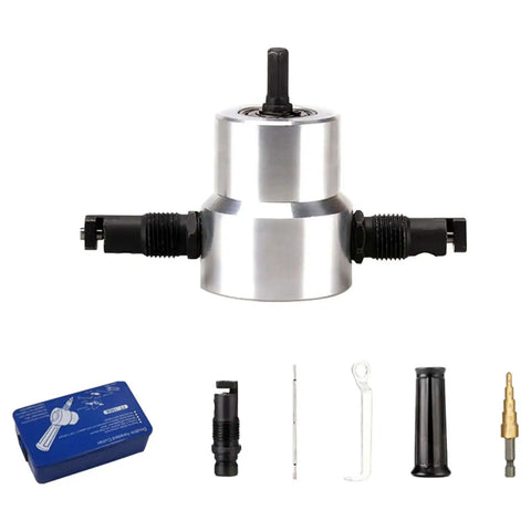 Two Head Sheet Metal Nibbler Cutter Built Tough 360 Degree Nibbler Drill Attachment with accessories for aluminum and steel.