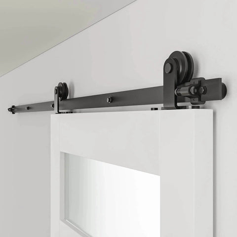 Heavy Duty Ten Foot Barn Door Hardware Kit With Sliding Track For Single Door Including Door Handle And Floor Guide Solid Steel Construction
