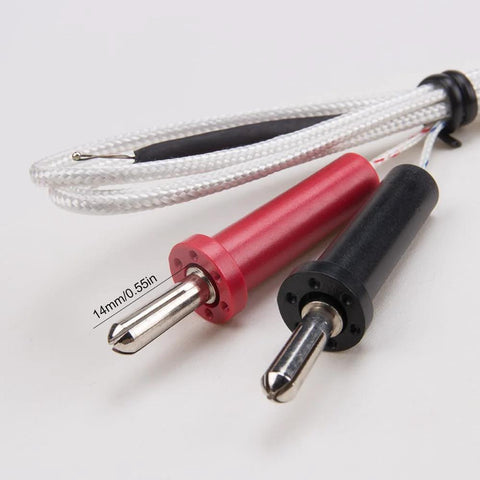 K-Type thermocouple sensors, 2-pack, red and black handles with braided white cables and metal tips.