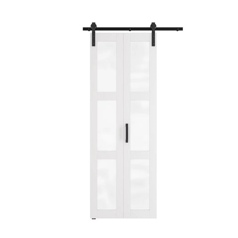3 Lite Glass Bi Fold Barn Doors, 30 By 84 Inch Slab With 2.83 Ft Sliding Hardware Kit, front view showing glass panels and hardware