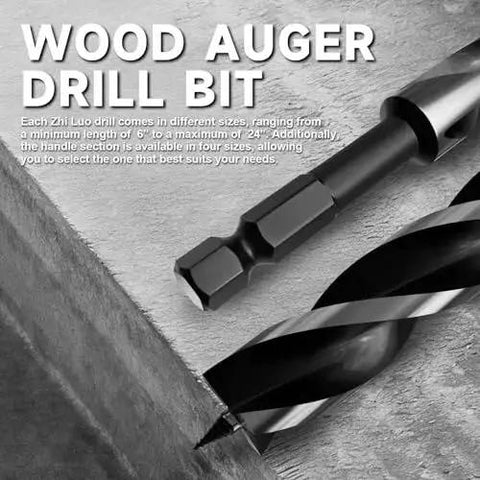 Close-up of 8 Piece 12 Inch Long Auger Drill Bit Set for Wood with Quick Change Hex Shank on wooden surface
