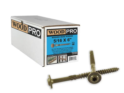 Exterior Wood Screws Five Sixteenth Inch By Six Inch Washer Head Golden E Coat 250 Pack with T30 Star Bit Torx visible