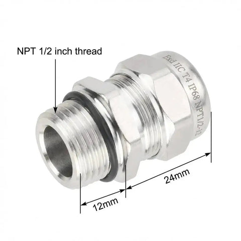 Close-up of a 1/2 inch NPT stainless steel waterproof cable gland, IP68 rated, for 6-12mm cables, showing dimensions and threading.