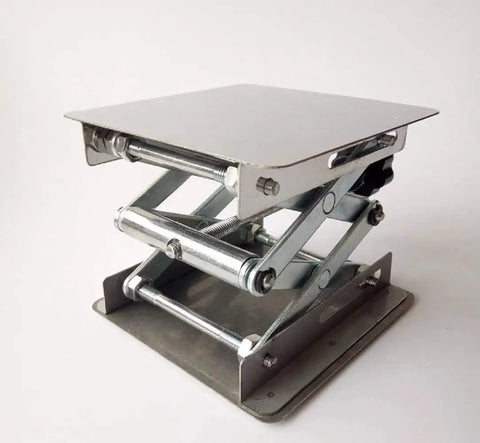 Stainless Steel Lab Jack Lift Stand 8x8in Platform With Adjustable Height, side view showing scissor mechanism and platform