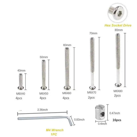 All In One Heavy Duty Crib And Furniture Screw Kit With M6 Bolts In 40 50 60 70 80 Mm And Barrel Nuts, rust resistant.
