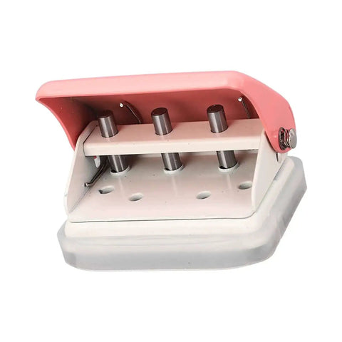 Three Hole Punch Handheld Paper Puncher With Five Sheet Capacity And Alignment Posts, pink and metallic, side view