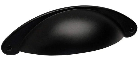 Close-up of 10 Pack Flat Black Cabinet Hardware Bin Cup Drawer Pulls With 3 Inch Hole Centers, modern design, flat black finish.