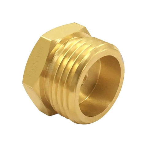 Brass three quarter GHT male fitting, part of Two Pack Brass Three Quarter GHT Male To Three Eighths Compression Female Reducer Pipe Fitting.