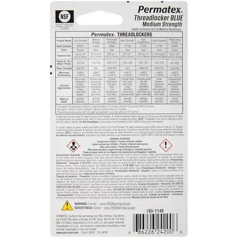 Back view of Permatex Threadlocker Blue Medium Strength packaging with product specifications and warnings visible