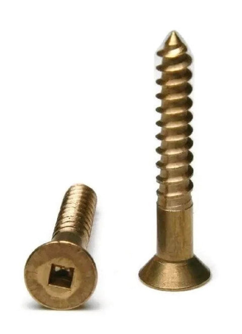 Flat Head Wood Screws With Square Drive Partially Threaded With Smooth Shoulder One And One Half Inch Long Silver Color Corrosion Resistant And Rust Proof Countersunk Undercut Head For Strong Wood Joints 25 Pack shown from side and top view.