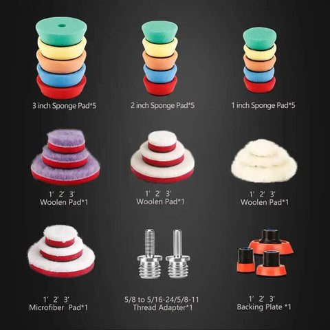 All In One Drill Polishing Kit With 24 Mixed Foam And Wool Buffing Pads 3 Backing Pads And 2 Adapters for car detailing