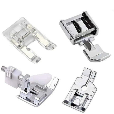 Fbshicung 13-piece presser feet set for home sewing machines; chrome metal and clear plastic feet shown
