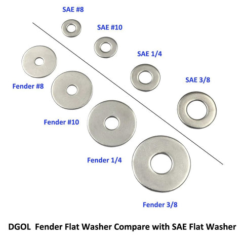 DGOL stainless steel fender washer set, 120 pcs, outer diameter 3/4 in, SAE and Fender sizes (#8, #10, 1/4, 3/8).
