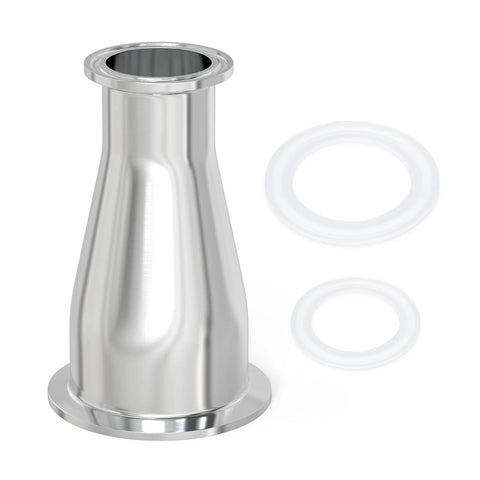 Stainless steel tri-clamp reducer, 3in to 2in (91mm x 64mm) with flanged ends, includes two silicone gaskets.