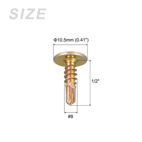 Phillips Self Tapping Screw size 8 by 1/2 inch, gold tone, carbon steel, front view with dimensions labeled.