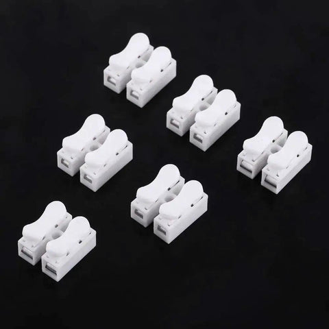 Spring Clamp Terminal Wire Connector Pack 100 Quick Release 2 Pin 10A 220V White Cable Connector for Wiring Harness Easy Snap In Electrical Terminal Blocks Flame Retardant Shell With Elastic Copper Clamp Pins