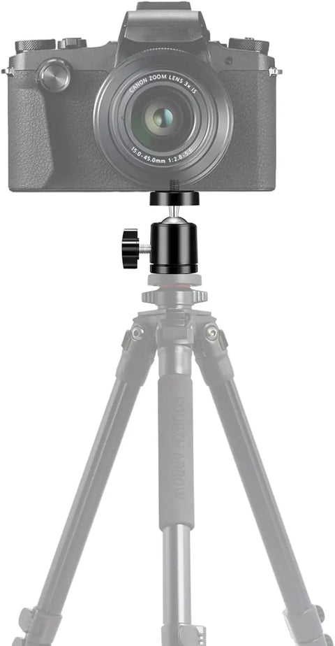 Quarter Inch Mini Ball Head Tripod Mount 3 Pack With 360 Degree Rotating Panoramic Base Adapters holding camera on tripod