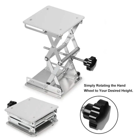 6x6 Inch Lab Scissor Jack, Stainless Steel Lift Stand, 75-260mm, 10kg, shown in raised and compact positions with hand wheel detail.