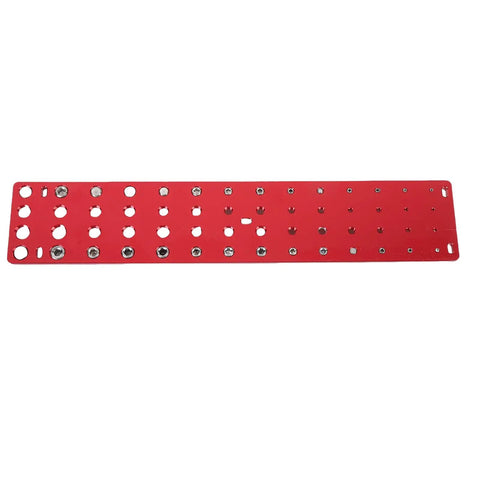 Nut And Bolt Thread Checker Set With 28 Hole Metal Gauge For Metric And Standard Threads Handy Size Finder For Nuts And Screws red metal gauge viewed from the top.