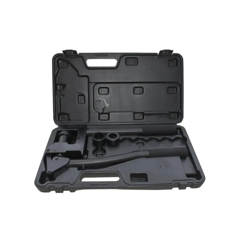 Manual Lever Sheet Metal Hole Punch Kit for 20Gauge Steel with dies in black case, showing knockout driver and hole cutter set.