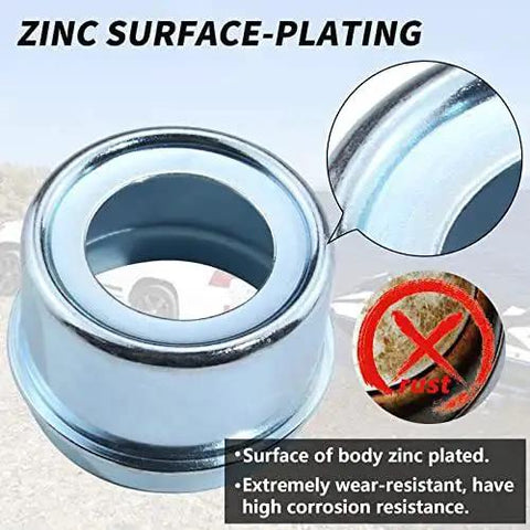 Heavy Duty Trailer Hub Cap Set For 7000 To 8000 Pound Axles With 2.72 Inch OD Dust Caps, zinc plated steel, close-up view